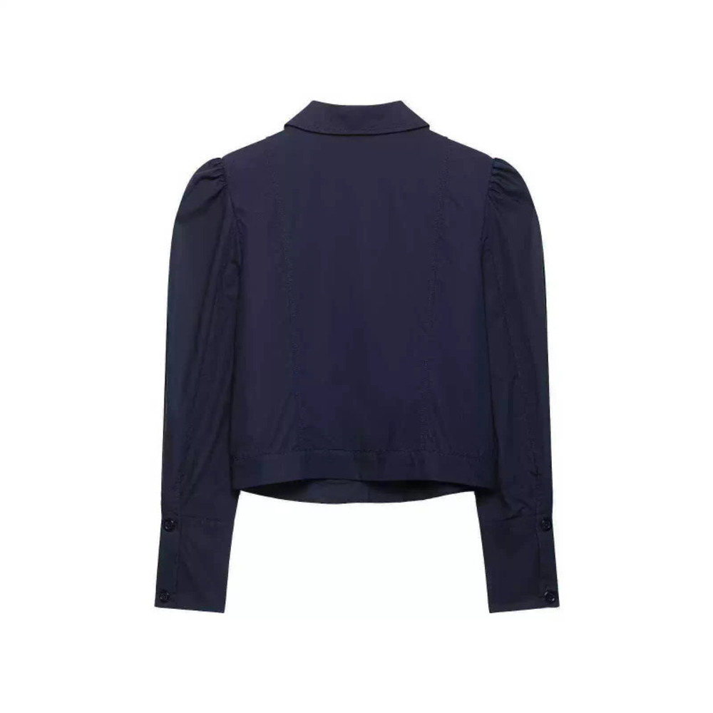 ZARA Fall Navy Blue Notch Lapel Cropped Puff Sleeve Blazer